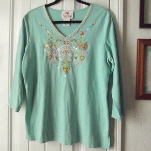 Quacker Factory T Shirt 100% Cotton - Turquoise Green Embroidered - 3/4 Sleeve M
